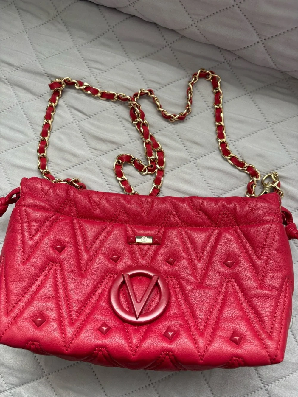 Valentino By Mario Valentino Quilted Red Crossbody with Gold Chain